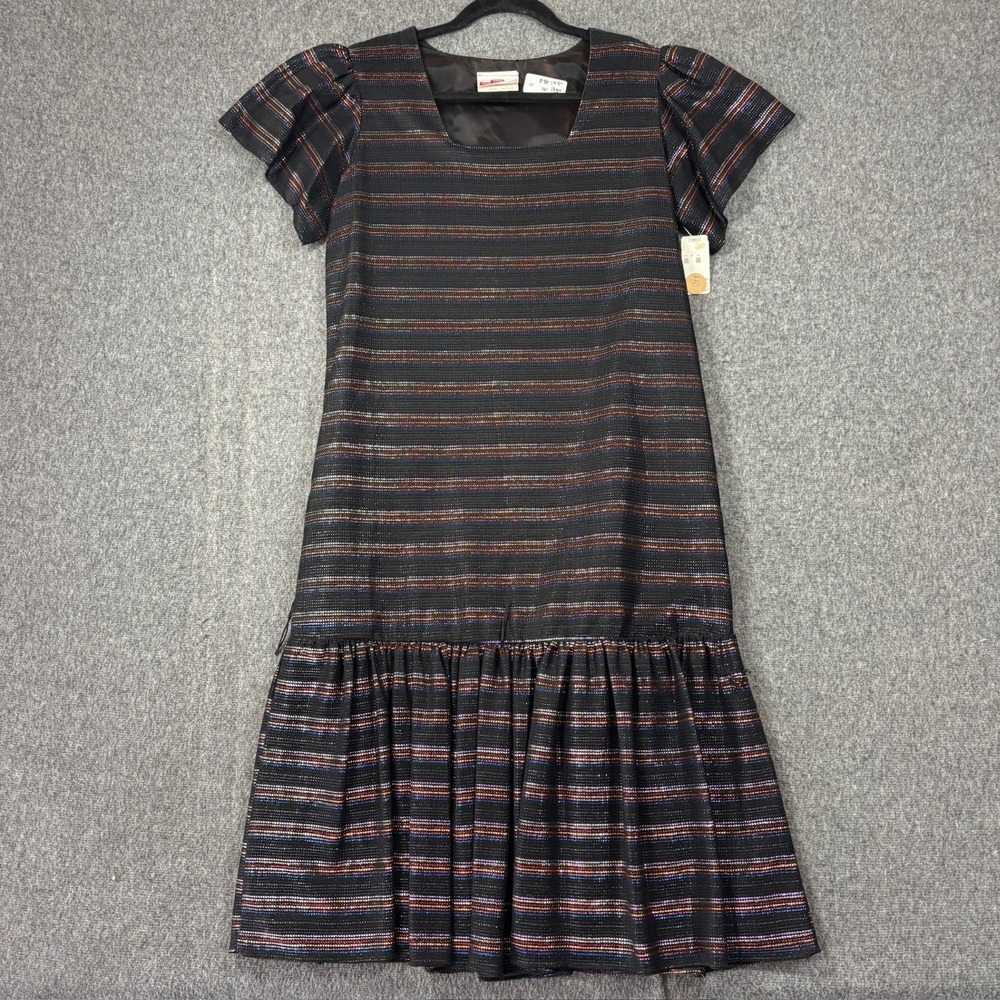 Hill Street Clothing Co Vintage 70s Metallic Striped Drop Waist Dress NWT 7/8